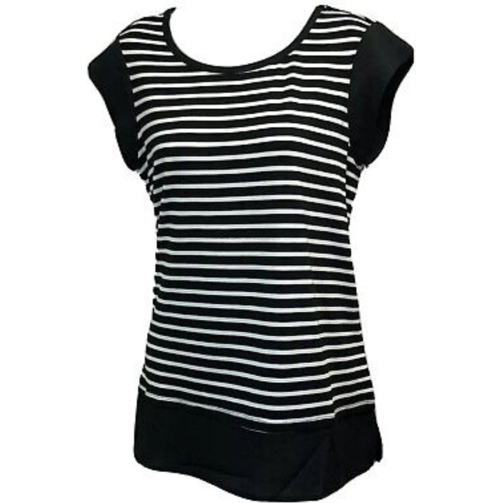 Premise Striped Blouse Top Black White Short Sleeve‎ Casual XL